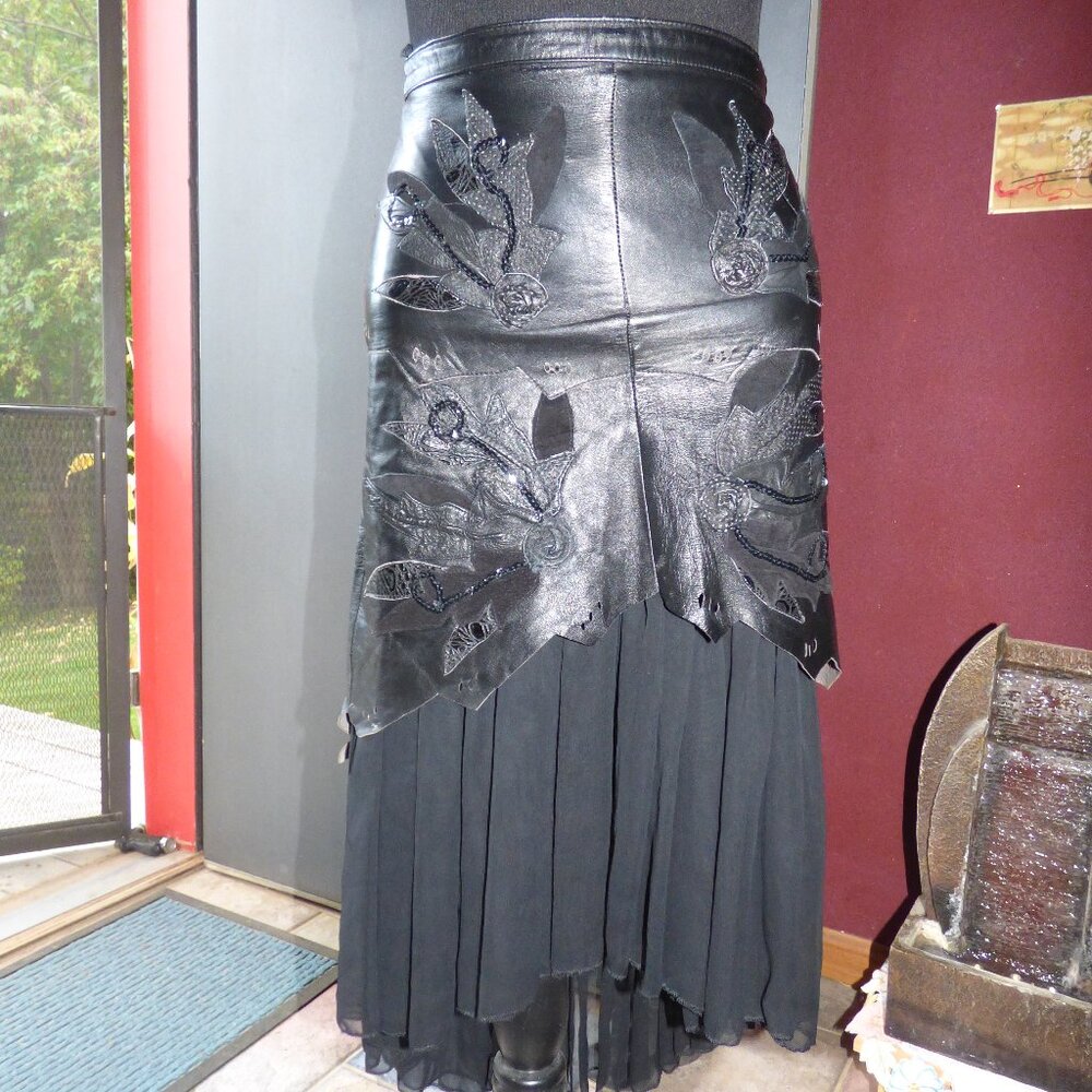 80'S GOTH VAMPIRE HI LOW BLACK LEATHER CHIFFON FLORAL SEQUIN EYELET SKIRT 44 L
